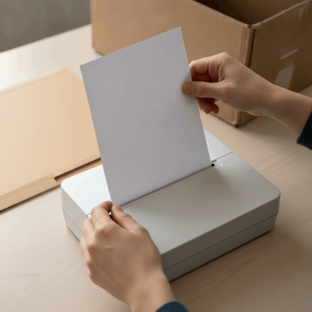 Mains numérisant un bon de commande papier avec un scanner de bureau pour l'archivage électronique conforme