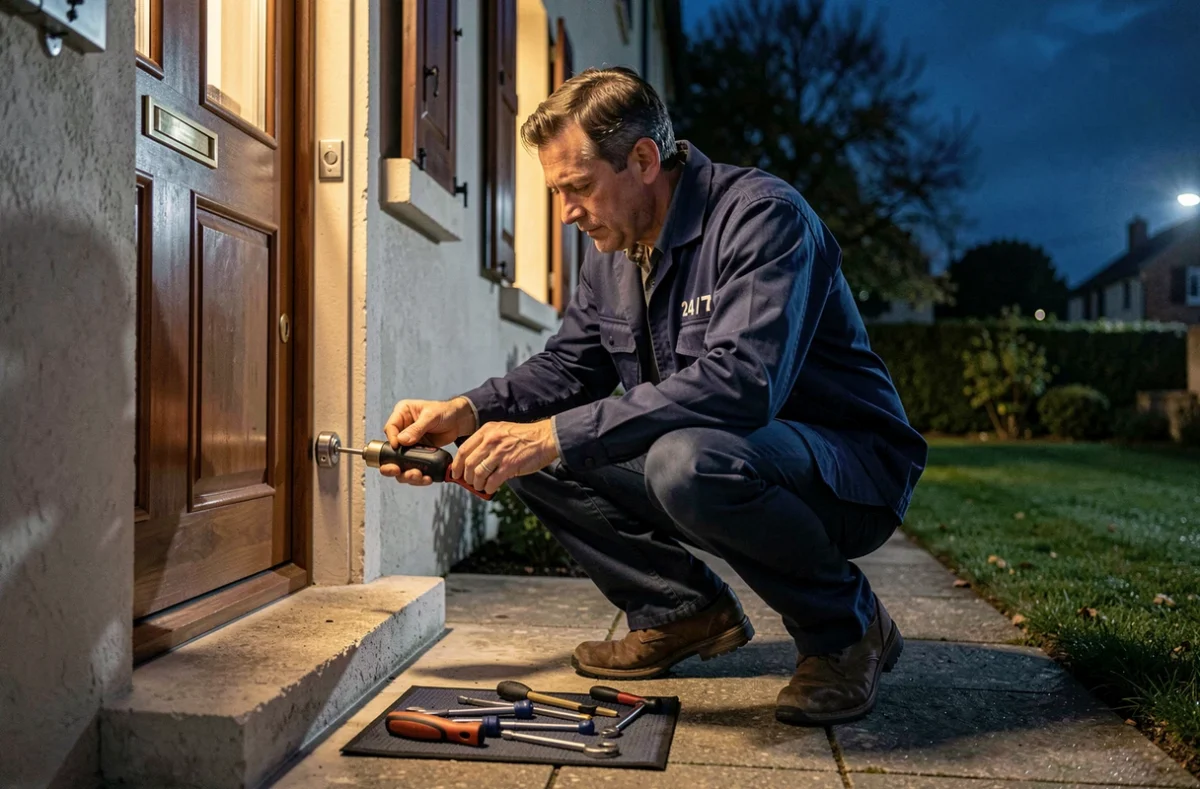 Technicien d'ABC Serrurerie Dépannage Service 24/7 intervenant sur une porte résidentielle de nuit