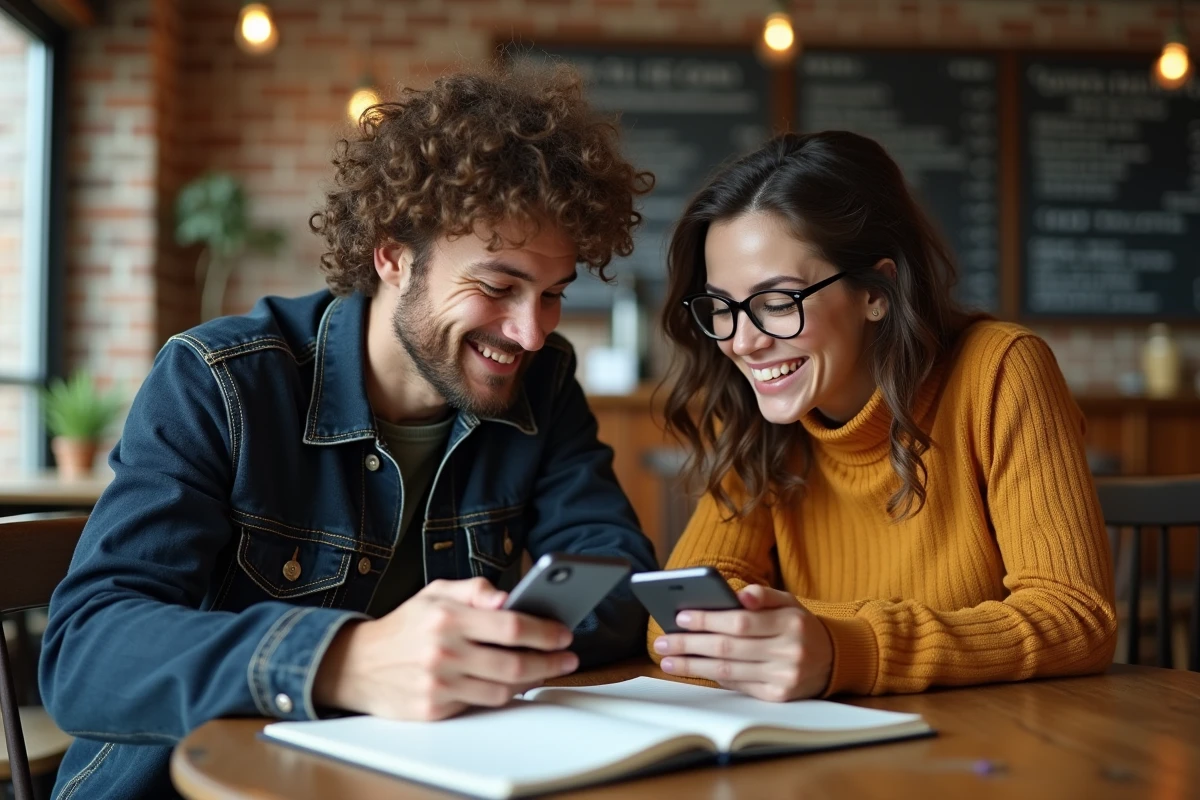 Deux amis comparant et adaptant des messages texte ensemble dans un café urbain avec un carnet et des smartphones