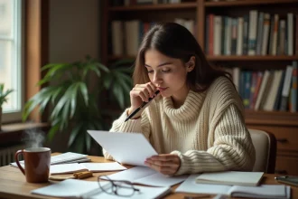 Jeune femme adaptant un texte manuscrit à son style personnel dans un bureau chaleureux entouré de notes et de livres