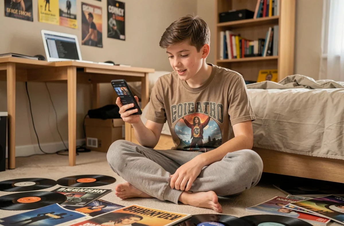 Adolescent découvrant un banger sur une application de streaming musical dans sa chambre entourée de vinyles et magazines