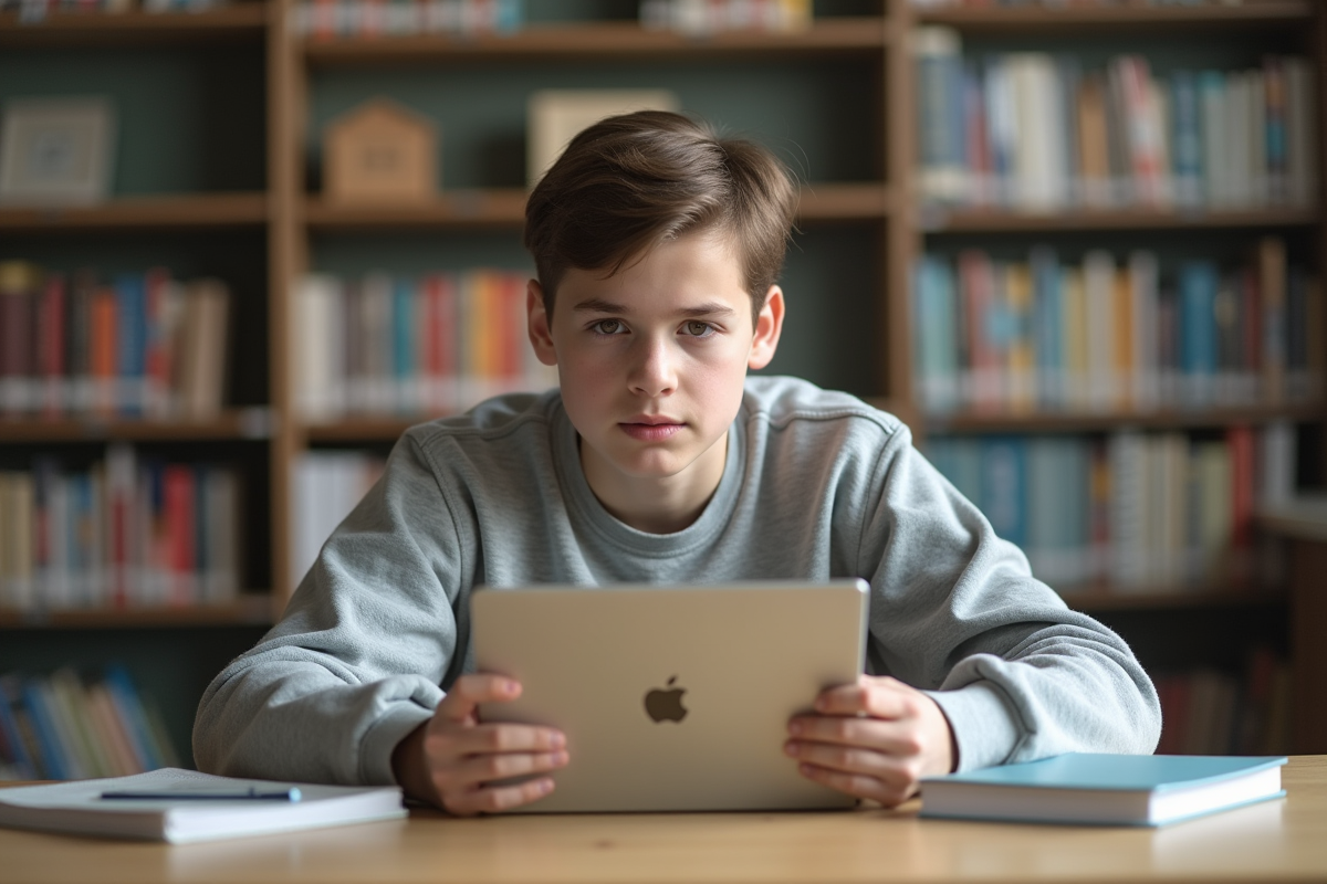 Adolescent ajustant un filtre anti-reflet sur son ordinateur