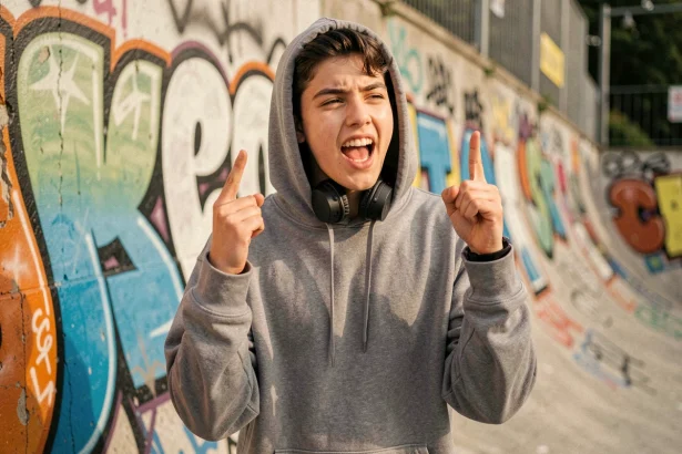 Adolescent en streetwear écoutant un banger urbain dans un skatepark avec graffitis colorés