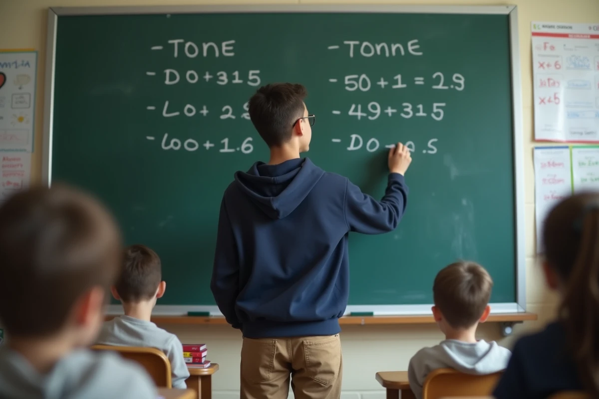 Jeune garçon écrivant une conversion de tonnes en kilogrammes au tableau