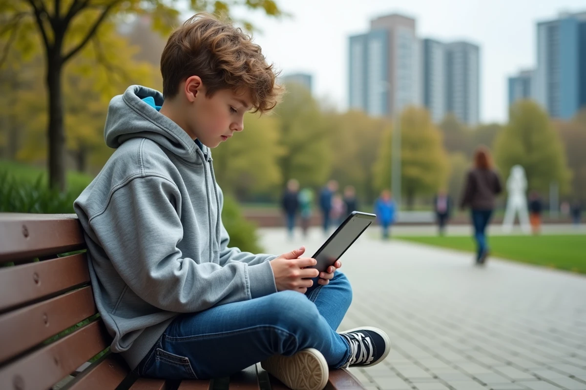 Adolescent avec tablette dans un parc urbain