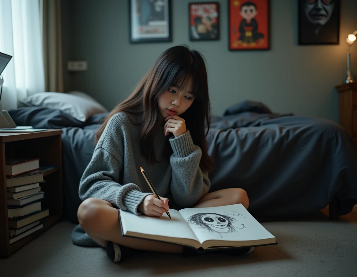 Adolescente dessinant un fantôme effrayant dans un carnet de croquis dans sa chambre