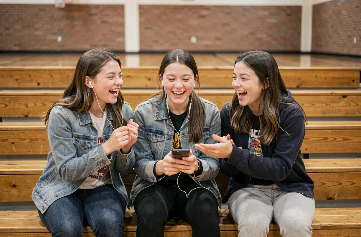 Groupe d'adolescentes partageant des écouteurs et réagissant à un banger populaire sur les gradins d'un gymnase