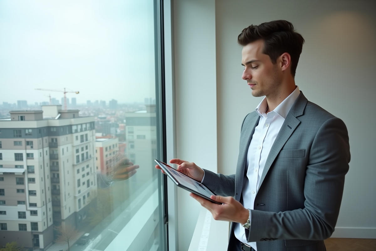 Jeune agent immobilier montrant un tableau DPE F moderne