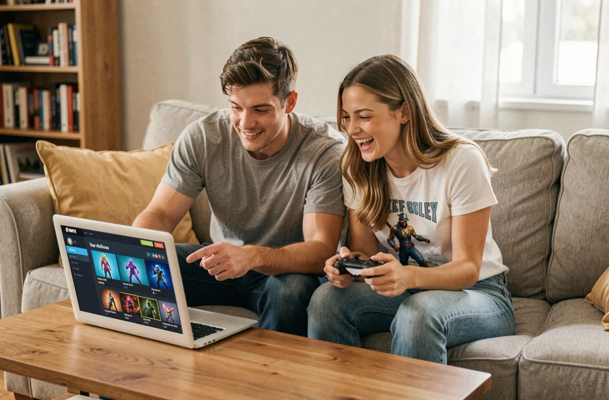 Deux amis comparant leur collection de skins Fortnite sur un ordinateur portable dans un salon décontracté