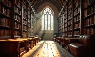Bibliotheque ancienne avec rayons en bois et vitraux