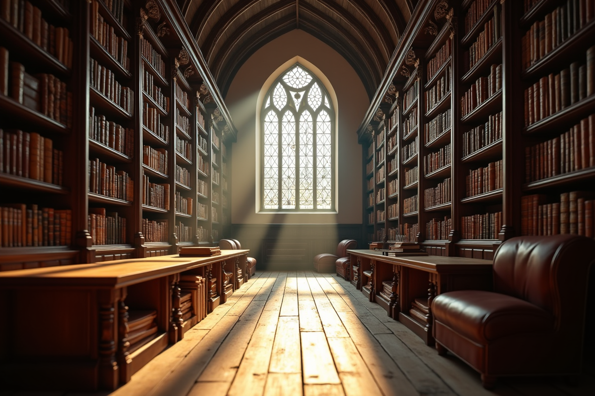 Bibliotheque ancienne avec rayons en bois et vitraux