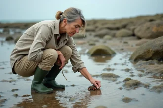 Femme explorant les rochers découverts à marée basse sur l'estran de Saint-Hilaire-de-Riez en Vendée