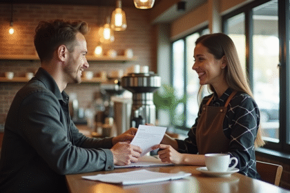 Barista souriant remettant des documents à un entrepreneur dans un café