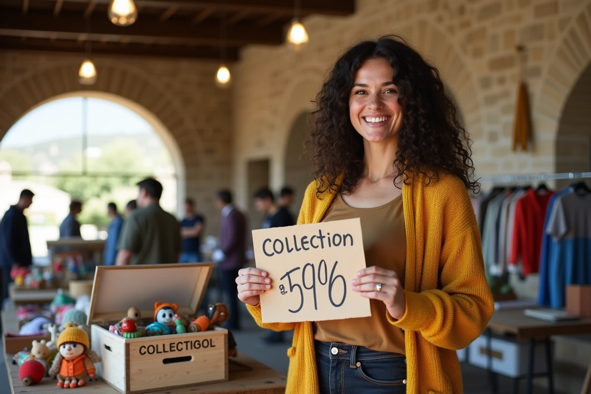 Bénévole souriante tenant un panneau de prix lors d'une brocante solidaire dans une halle du Cantal