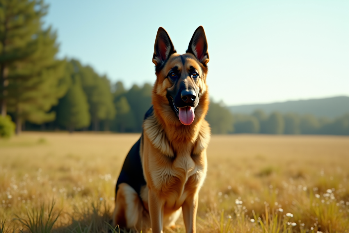Chien berger allemand royal en plein champ ensoleille