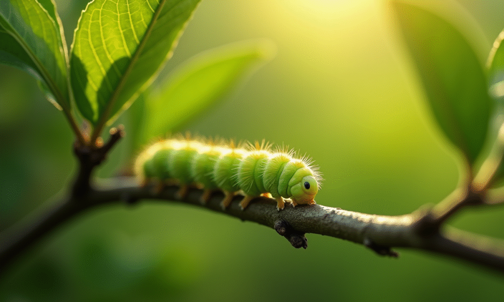 Branche d'un pommier avec chenille sur une feuille en plein soleil