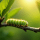 Branche d'un pommier avec chenille sur une feuille en plein soleil