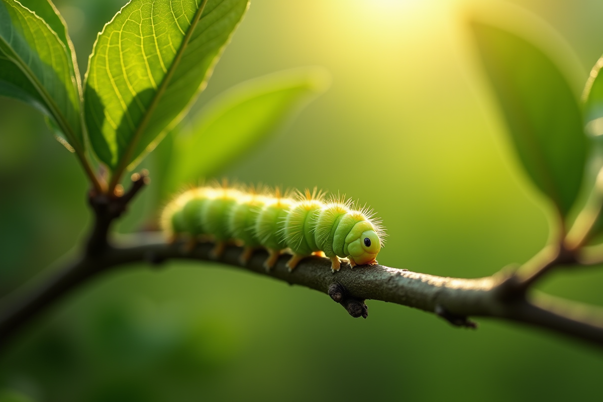 Branche d'un pommier avec chenille sur une feuille en plein soleil