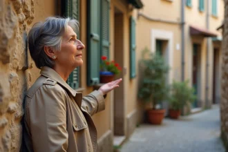 Femme aux cheveux grisonnants touchant la façade d'une vieille bâtisse en pierre dans un village du sud de la France, regard nostalgique