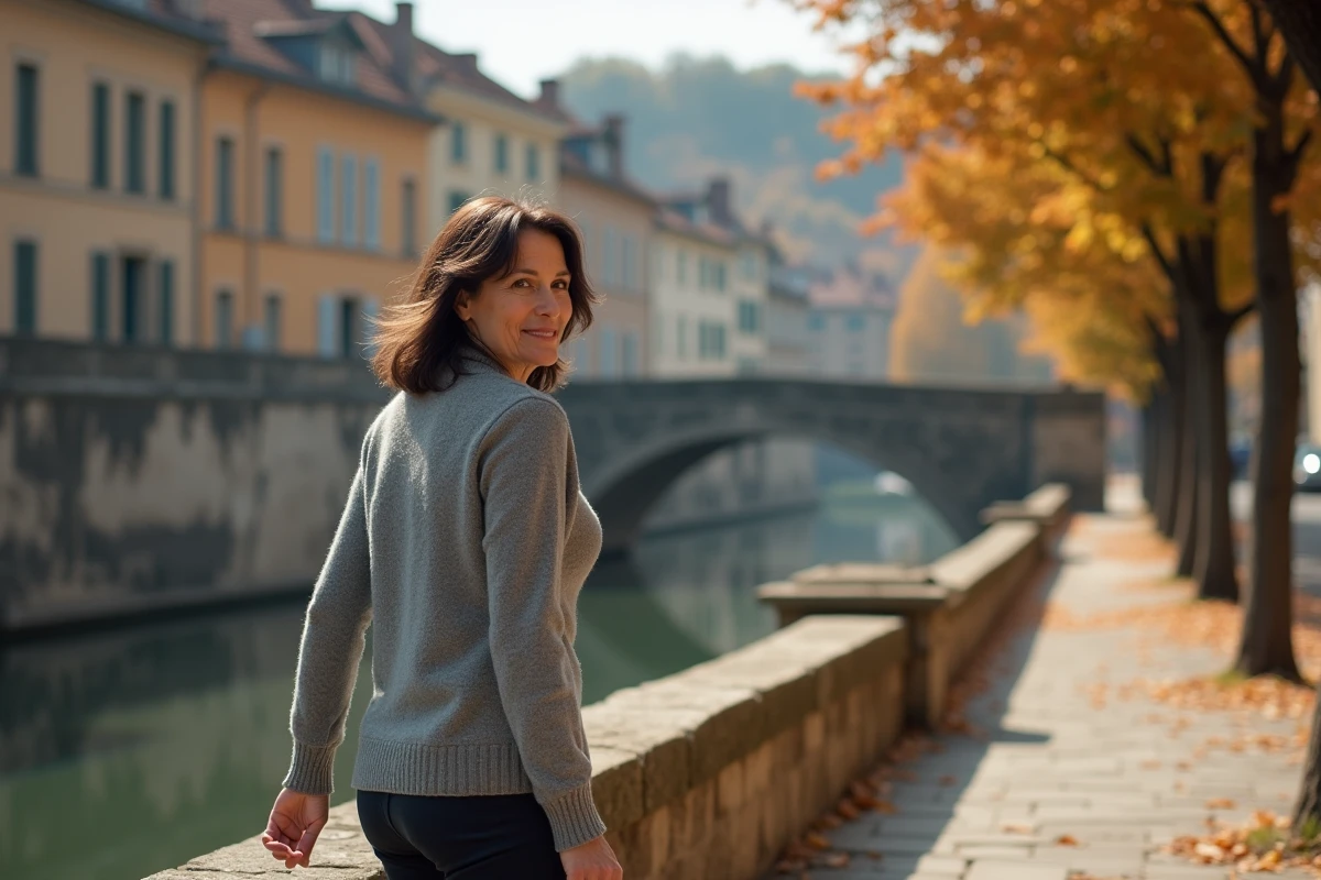 Femme mature se retournant sur un quai de rivière bordé d'arbres en automne dans une ville de province française, ambiance nostalgique