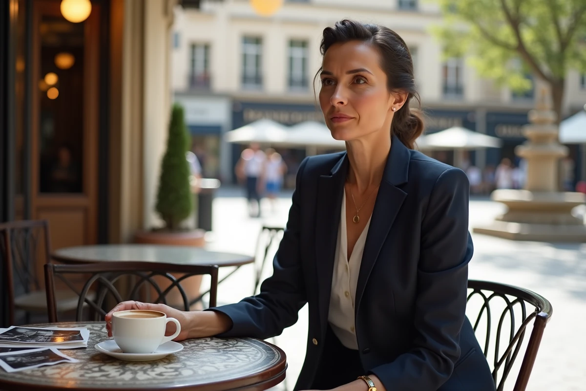Femme élégante consultant de vieilles photographies en noir et blanc à la terrasse d'un café traditionnel français dans une place de village