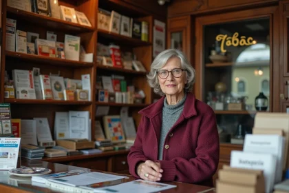 Buraliste française derrière le comptoir d'un bureau de tabac proposant timbres et services administratifs