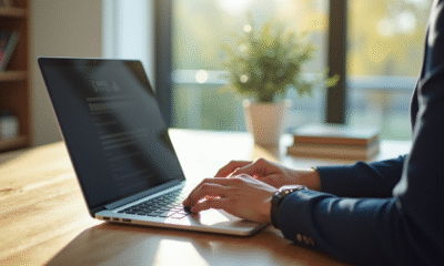 Personne utilisant un ordinateur portable dans un bureau lumineux