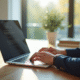Personne utilisant un ordinateur portable dans un bureau lumineux