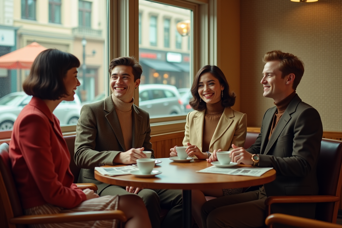 Groupe d amis dans un cafe vintage années 60