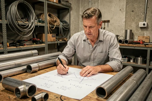 Ingénieur calculant le volume d'un cylindre sur papier millimétré entouré de tubes métalliques dans un atelier industriel