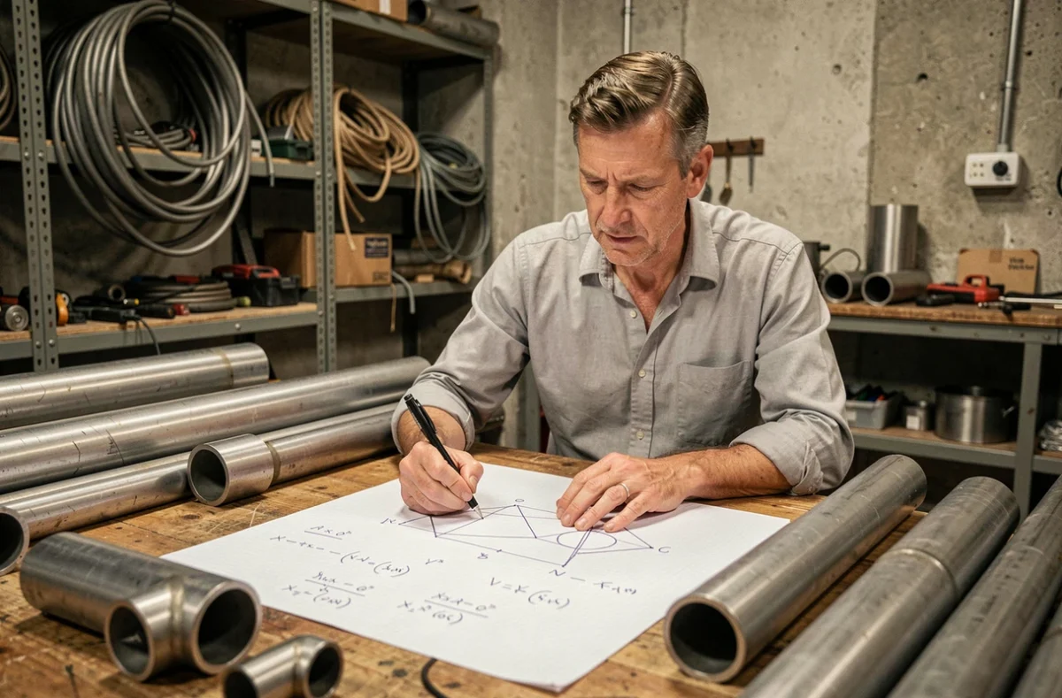Ingénieur calculant le volume d'un cylindre sur papier millimétré entouré de tubes métalliques dans un atelier industriel