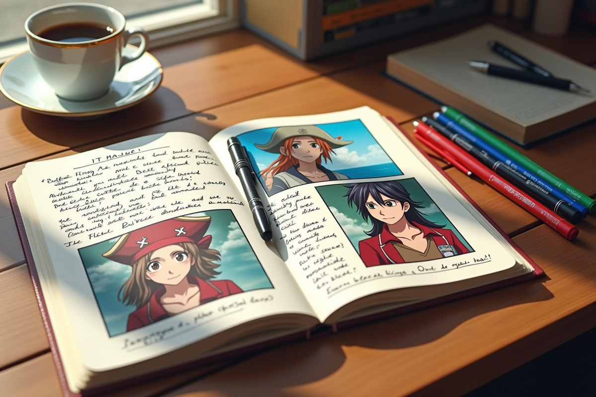 Carnet ouvert avec notes et images d'anime pirate sur un bureau lumineux