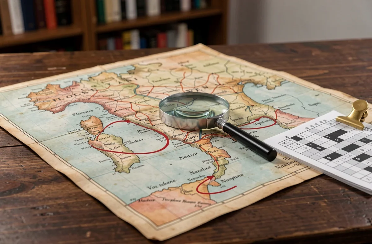 Carte vintage de l'Italie avec des villes entourées au stylo rouge et une grille de mots fléchés sur un bureau en bois
