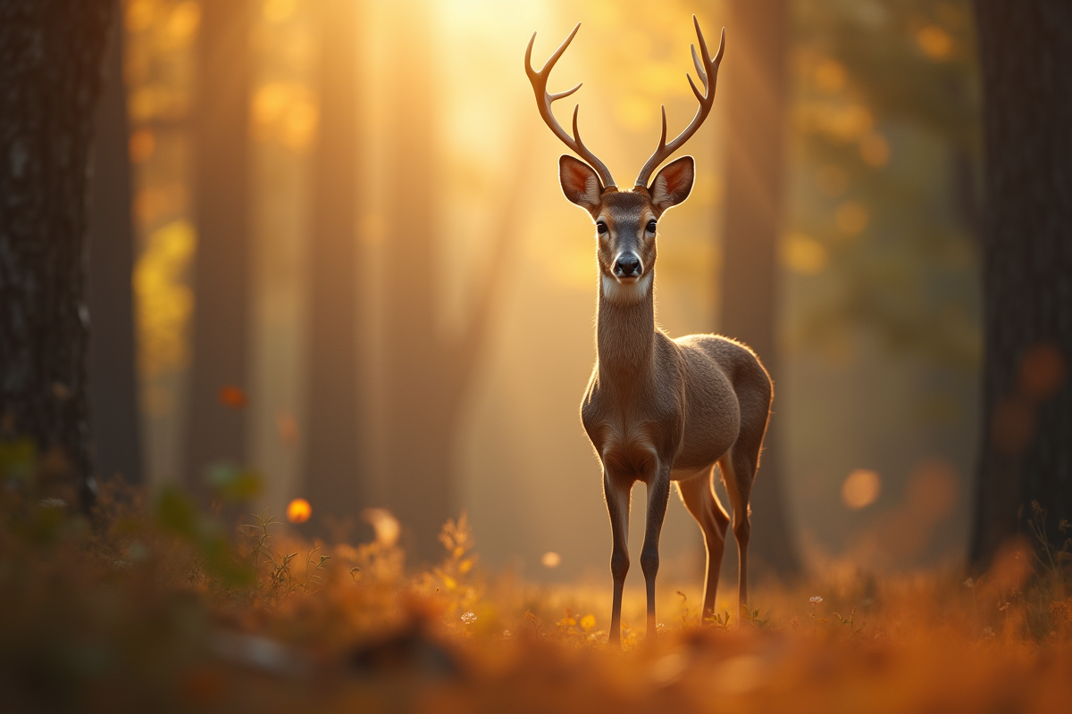 Cerf dans une forêt en matinée ensoleillée