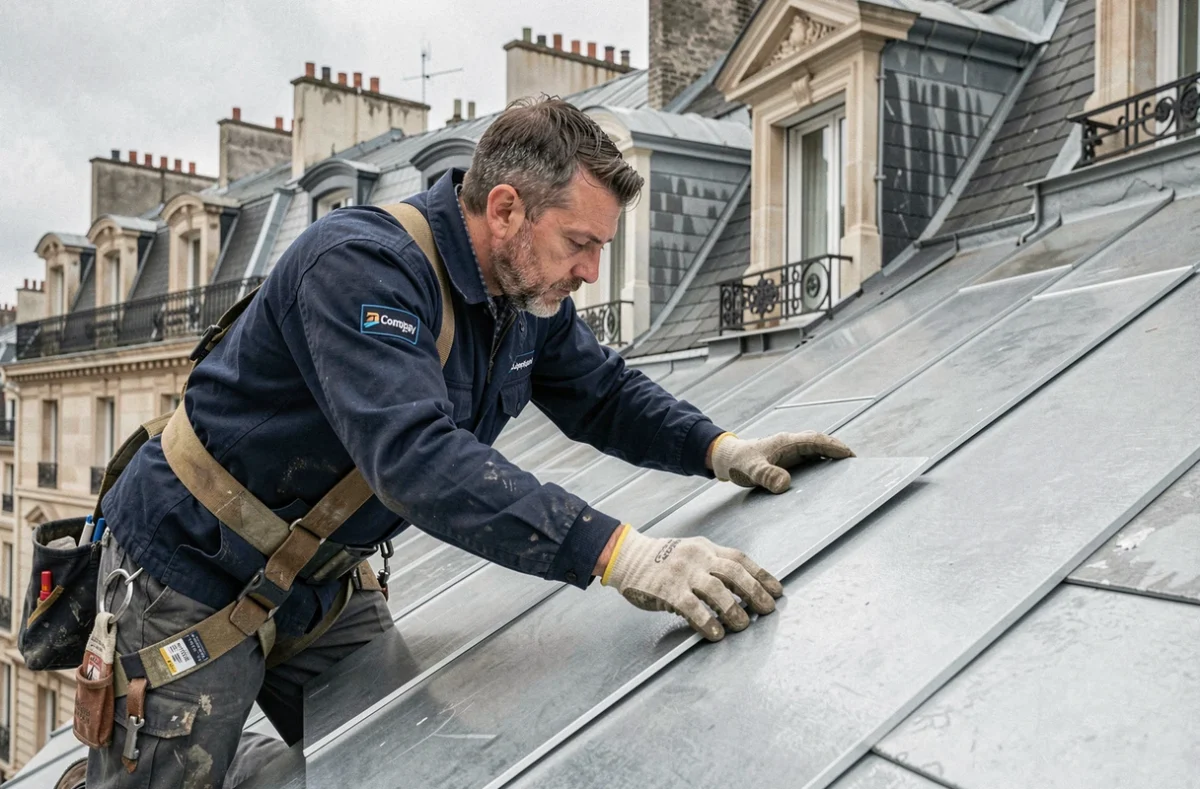 Couvreur de Chateau Couverture posant des tuiles en zinc sur un toit mansardé parisien