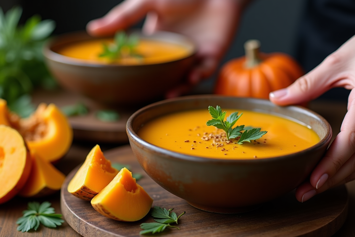 Chef servant une soupe de citrouille crémeuse dans des bols rustiques
