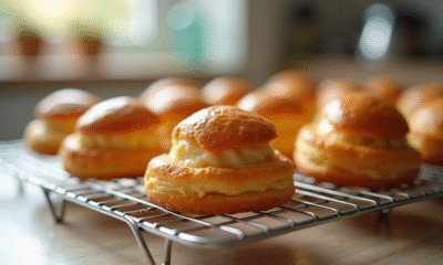 Choux pâtisserie fraîchement cuits sur un grille en cuisine lumineuse
