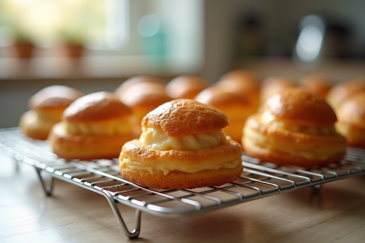 Choux pâtisserie fraîchement cuits sur un grille en cuisine lumineuse