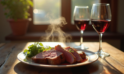 Table rustique avec civet de lapin et vin rouge
