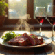 Table rustique avec civet de lapin et vin rouge