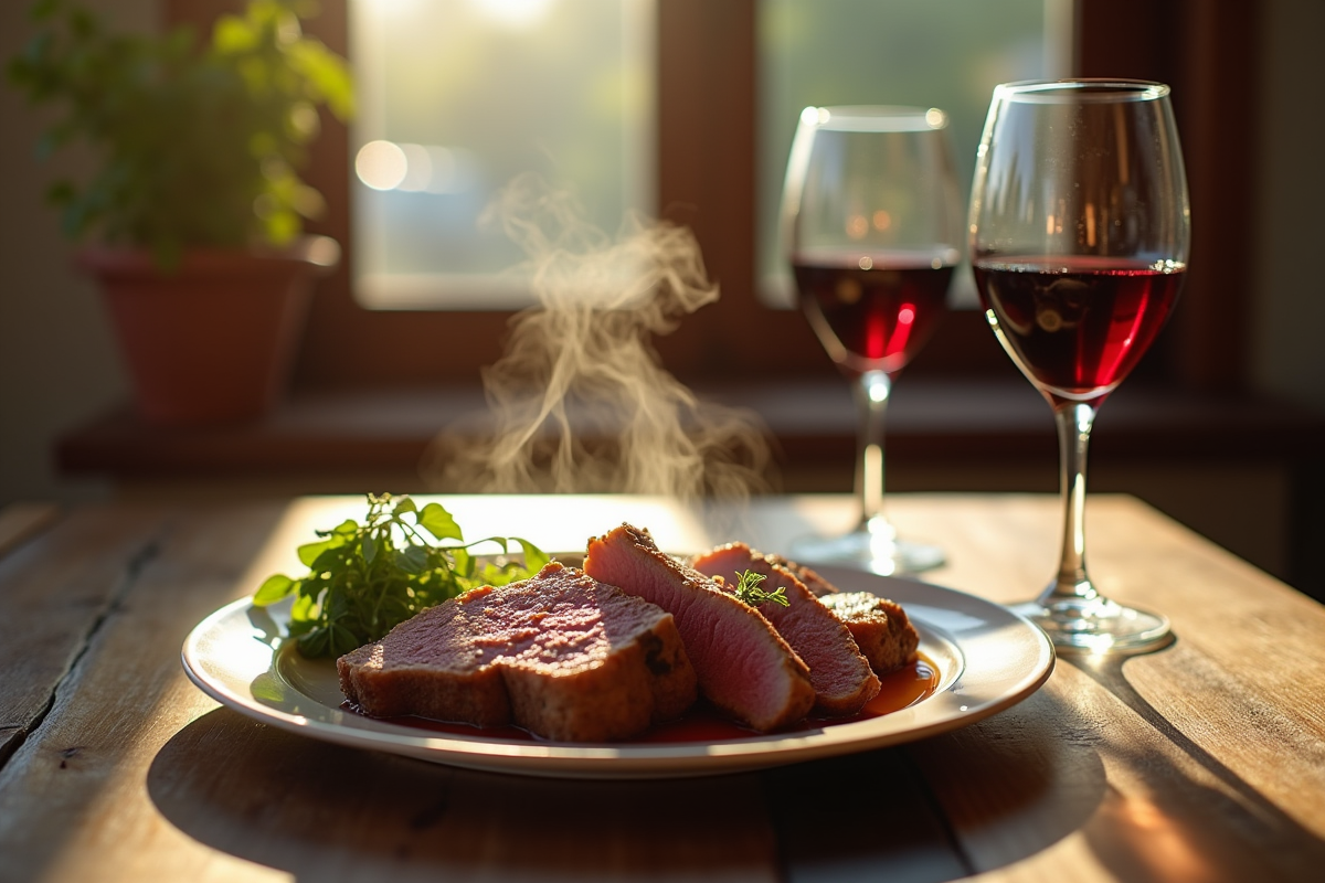 Table rustique avec civet de lapin et vin rouge