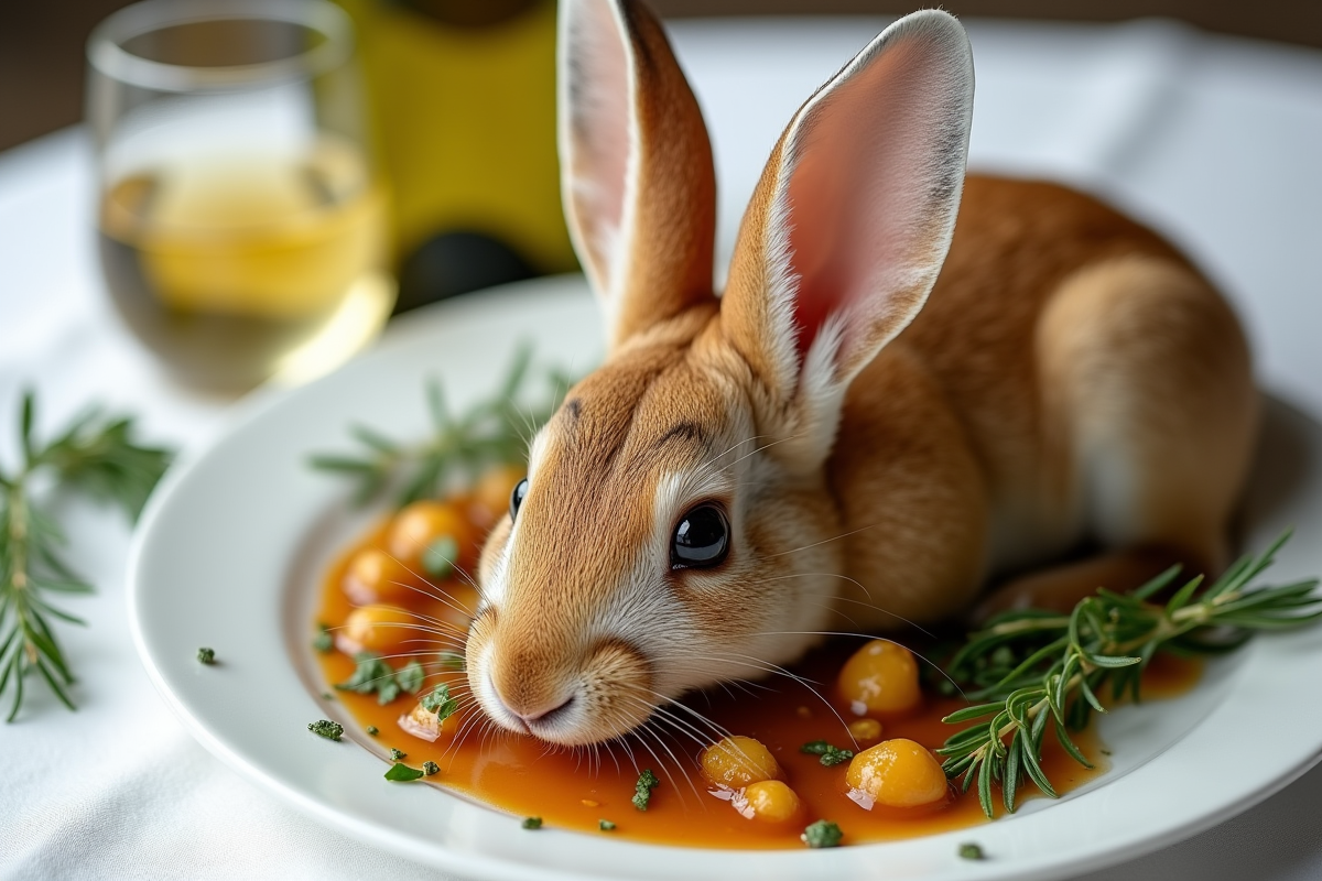 Garniture de civet de lapin avec vin blanc et bouteille
