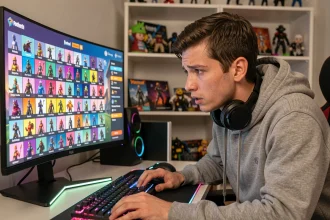 Jeune gamer masculin devant un écran affichant une collection complète de skins Fortnite dans une salle de gaming moderne