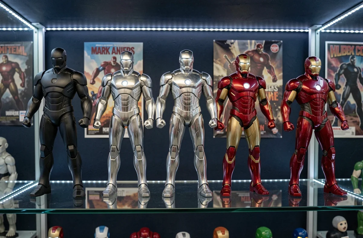 Collection de statues Iron Man de différents styles et tailles sur une étagère de vitrine geek