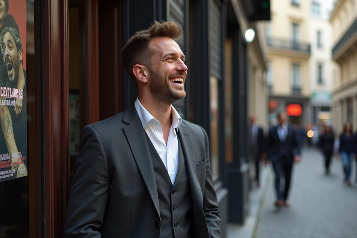 Comédien de stand-up français devant l'entrée d'un comedy club parisien, affiche de tournée en arrière-plan, ambiance urbaine