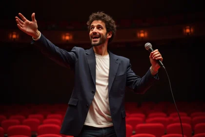 Comique français sur scène en train de performer dans un théâtre avec micro sans fil, geste expressif et sourire naturel