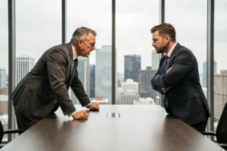 Deux hommes en costume s'affrontant du regard dans un bureau moderne, illustrant la rivalité et la loi du plus fort entre individus