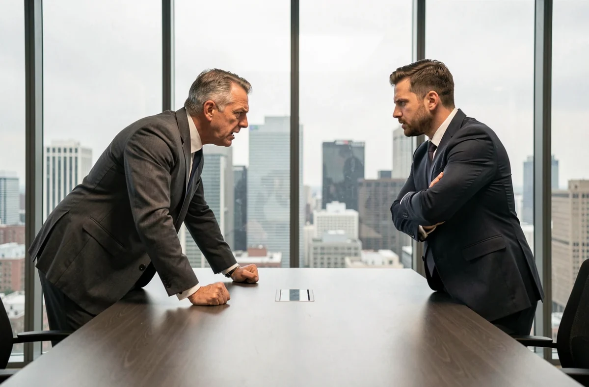 Deux hommes en costume s'affrontant du regard dans un bureau moderne, illustrant la rivalité et la loi du plus fort entre individus
