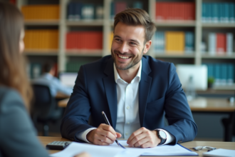 Conseiller bancaire en costume dans un bureau moderne