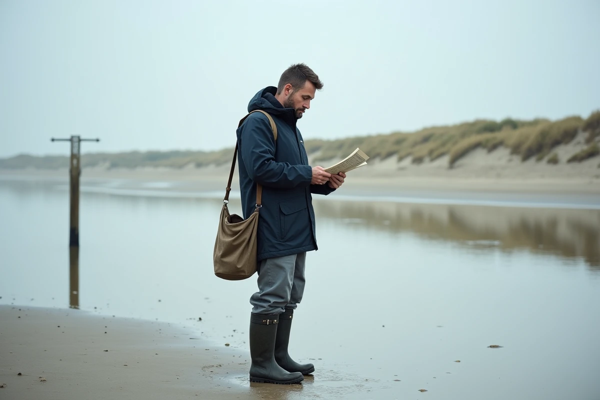 Promeneur consultant les horaires des marées sur l'estran de Saint-Hilaire-de-Riez avant une balade